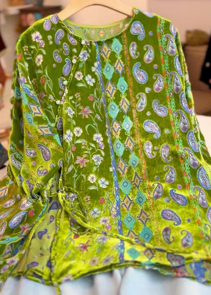 Green Print Tie Waist Silk Velour Tops Three Quarter Sleeve