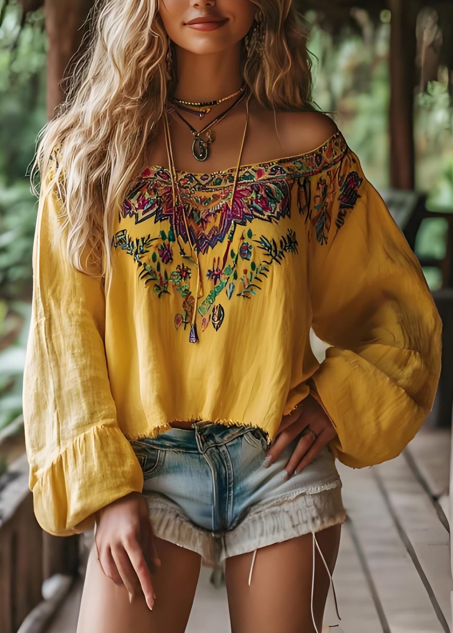 Yellow Slash Neck Print Cotton T Shirts Spring
