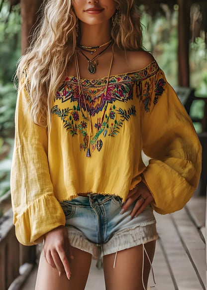 Yellow Slash Neck Print Cotton T Shirts Spring