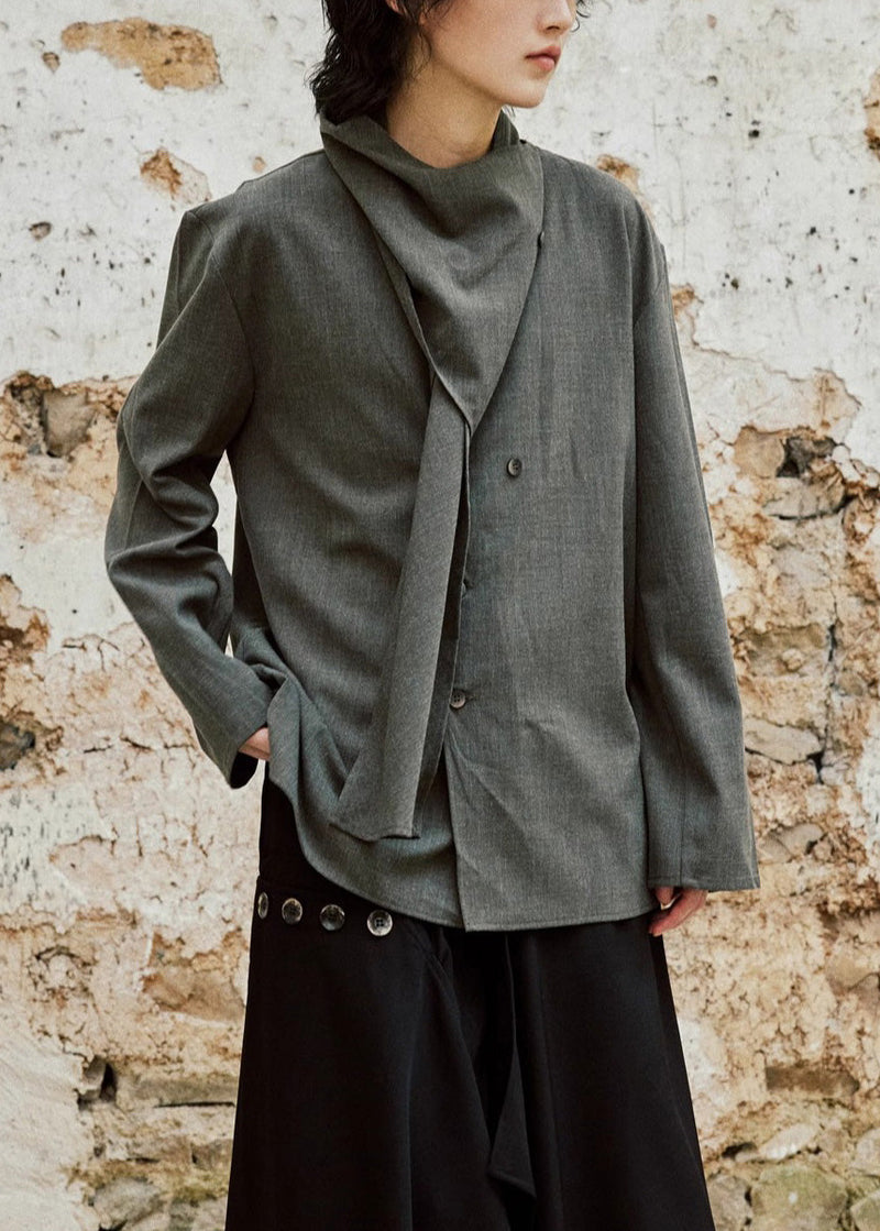 Grey Bow Button Shirt Long Sleeve