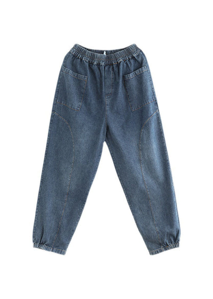 Style Blue Elastic Waist Pockets Cotton Denim Harem Pants Spring