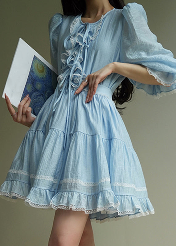 Blue O-neck Lace Patchwork Silk Cotton Top and Skirts Two Pieces Set Summer