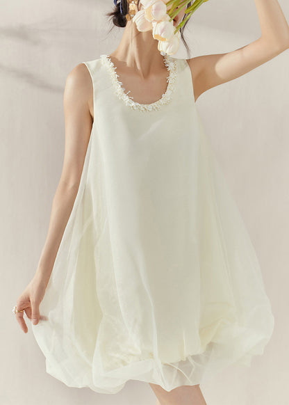 Classy Beige O-neck Patchwork Tulle Mid Dresses Sleeveless