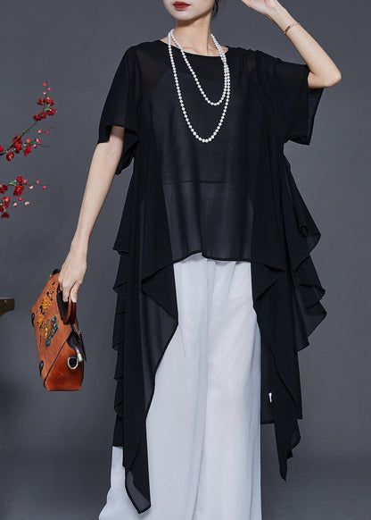 Black Asymmetrical Chiffon Shirts Summer
