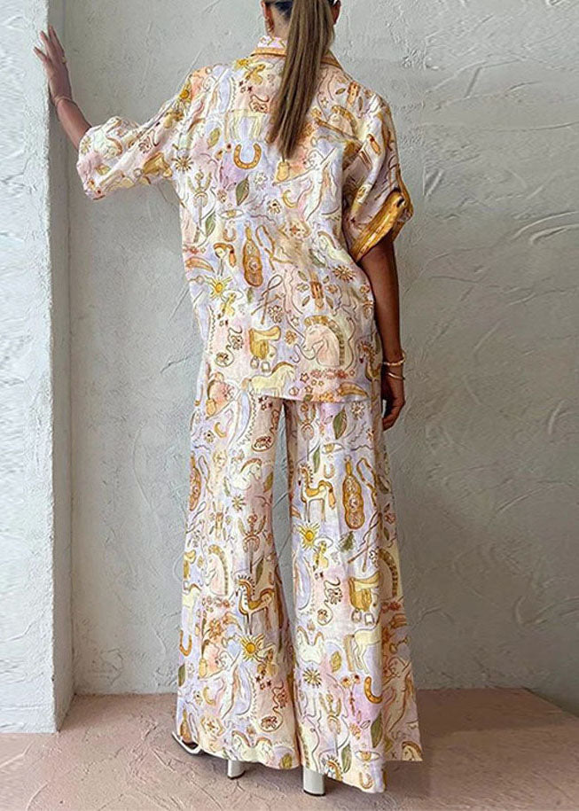 Print Shirts and Wide Leg Pants Two Pieces Set Summer