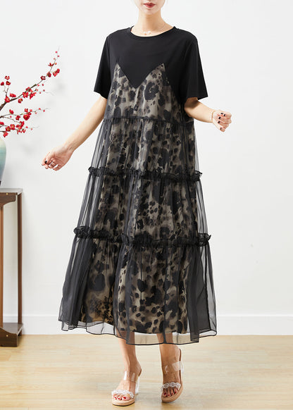 Black Ruffled Tulle Patchwork Exra Large Hem Cotton Dress Summer
