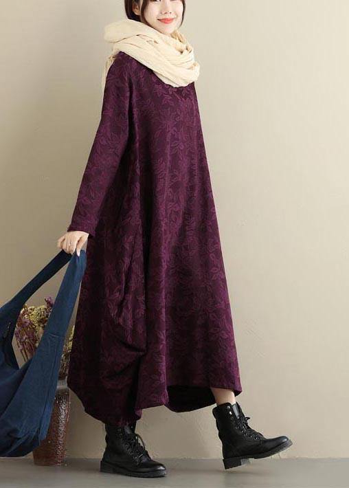Loose Purple Jacquard Outfit O Neck Asymmetric Traveling Spring Dresses