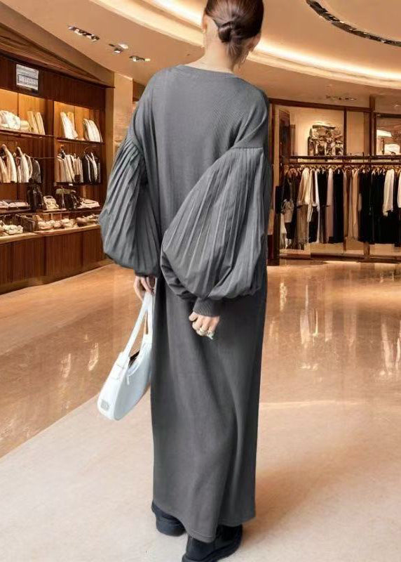 Grey Oversized Patchwork Cotton Dress Lantern Sleeve