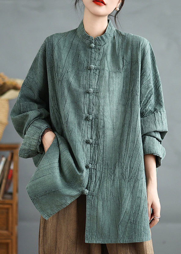 Green Stand Collar Chinese Button Cotton Shirt Top Spring