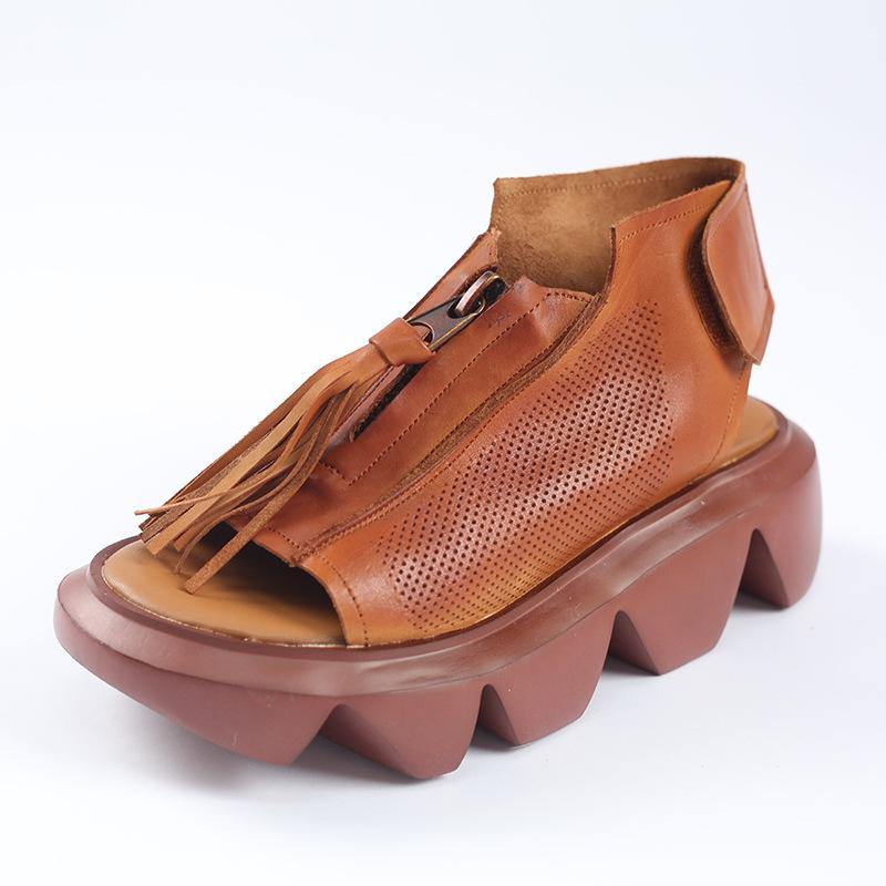 Brown Zippered Flat Sandals Platform Walking Sandals