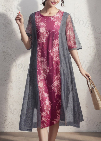 French Purple O Neck Print Patchwork Silk Dress Summer