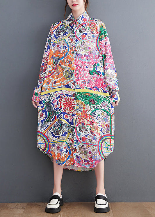 Peter Pan Collar Print Button Long Shirts Dress Long Sleeve