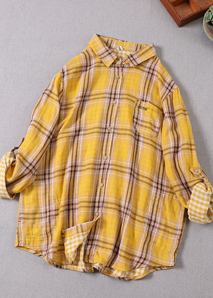 Yellow Peter Pan Collar Plaid Cotton Shirt Top Spring