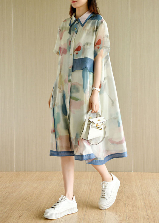 Light Green Asymmetrical Design Print Silk Loose Dresses Short Sleeve