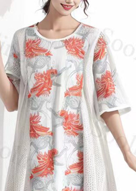 Beige O-neck Print Fake Two Pieces Silk Long Dresses Summer