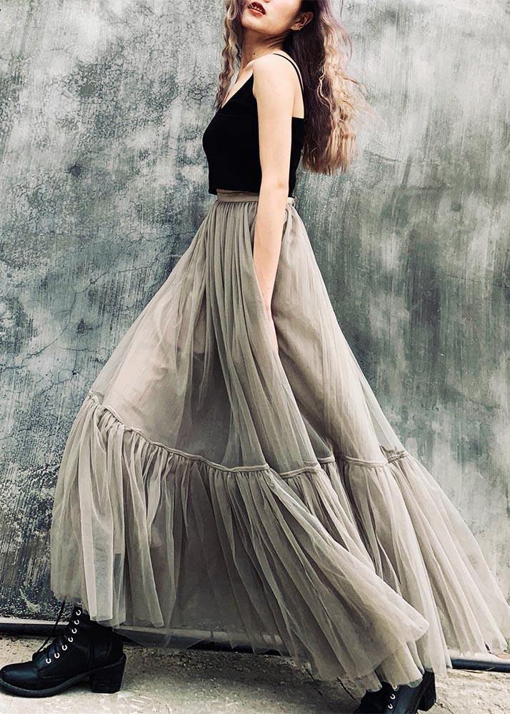 French Grey Zippered Retro Mid Length Mesh Skirt