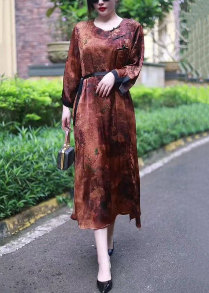 Loose Brown Print Lace Up Silk Long Dresses Spring