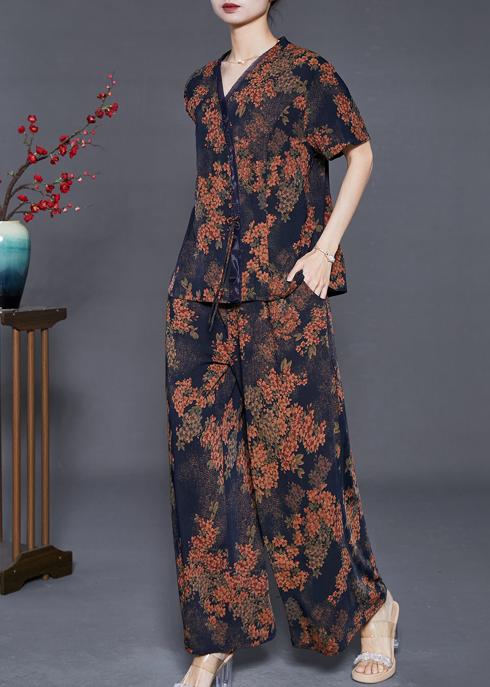 Black Print Silk Two Piece Set Clothing Bow Summer
