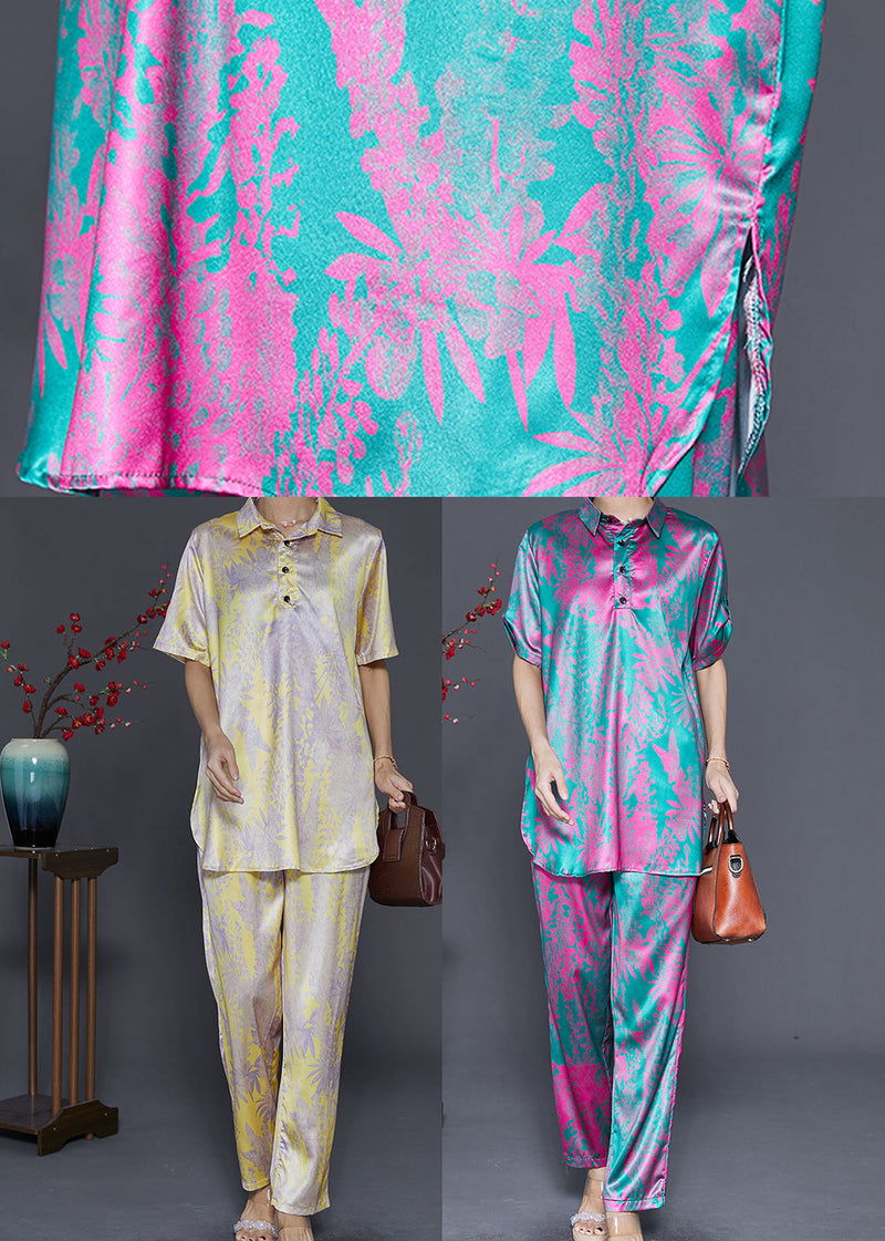 Rose Print Silk Two Piece Set Clothing Side Open Fall
