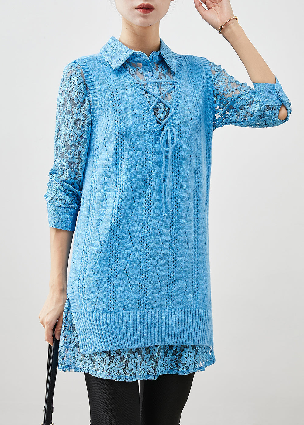 Art Sky Blue Lace Up Knit Vest Dress Two Piece Set Clothing Spring