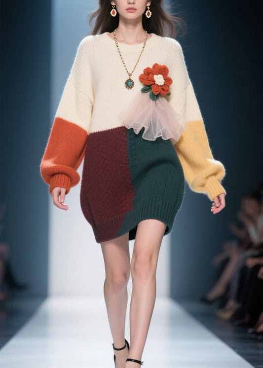 Natural Colorblock O Neck Knit Sweater Dress Winter