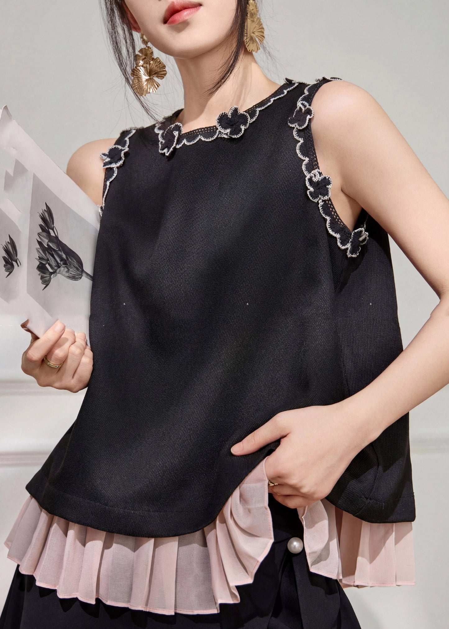Organic Black O-neck Patchwor Top and Skirts Two Pieces Set Sleeveless