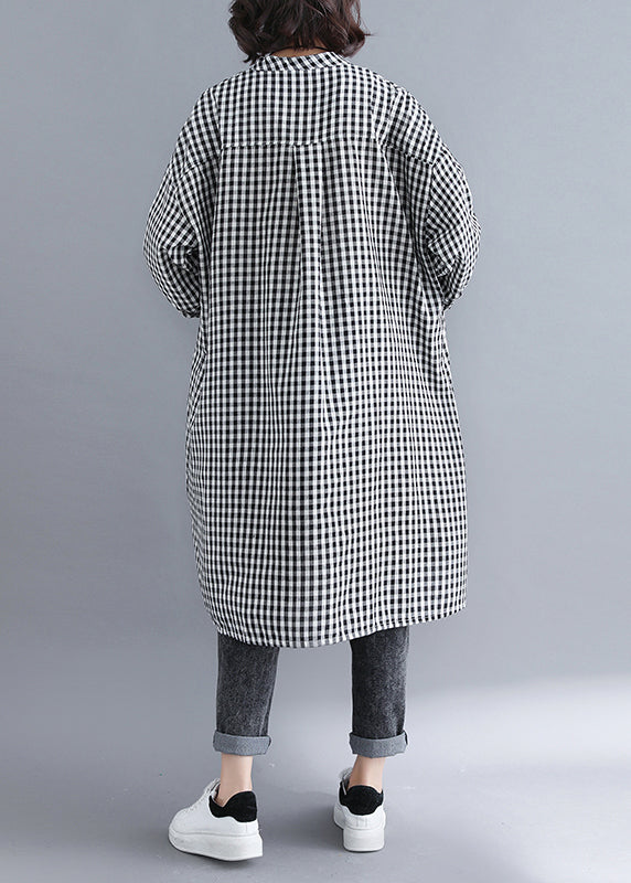 Plaid Button Pockets Patchwork Cotton Shirts Dresses Fall