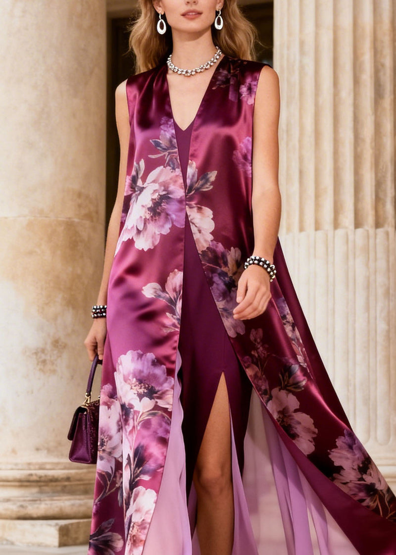 Art Purple V Neck Print False Two Pieces Chiffon Dresses Sleeveless