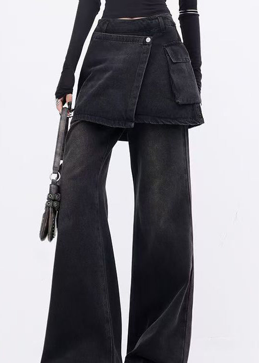 Modern Black False Two Pieces Patchwork Denim Flared Trousers Spring