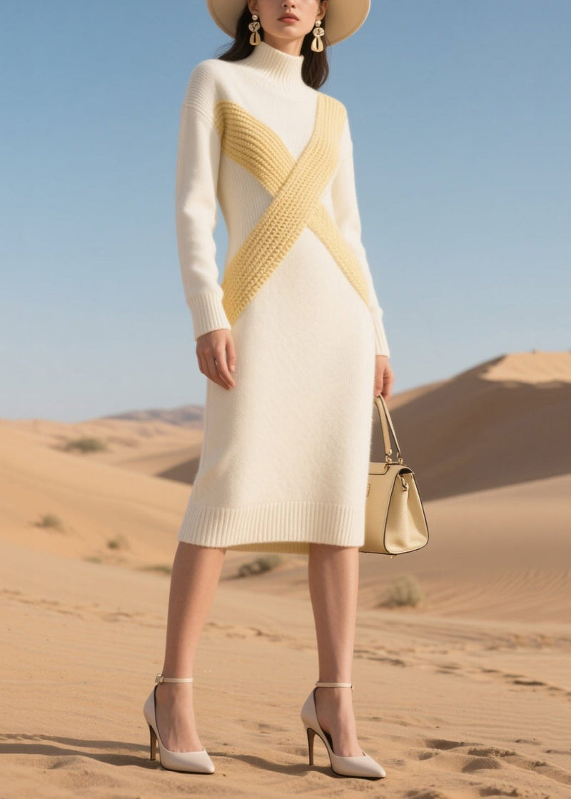 White High Neck Patchwork Knit Dress Winter