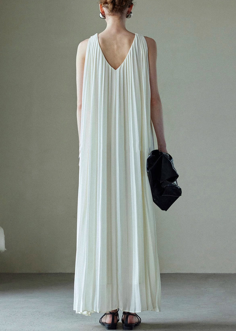 Italian White V Neck Wrinkled Chiffon Maxi Dresses Sleeveless