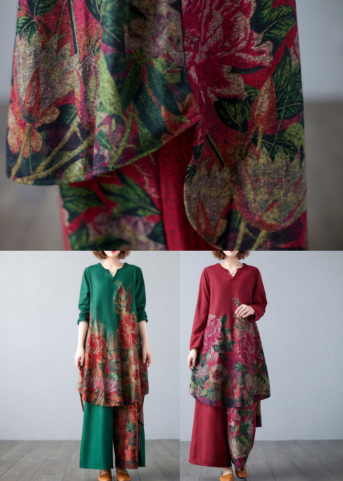 Red Oversized Print Cotton Two Pieces Set Spring