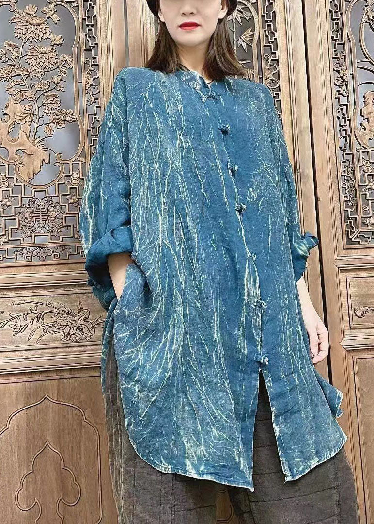 Blue Button Stand Collar Shirt Tops Spring