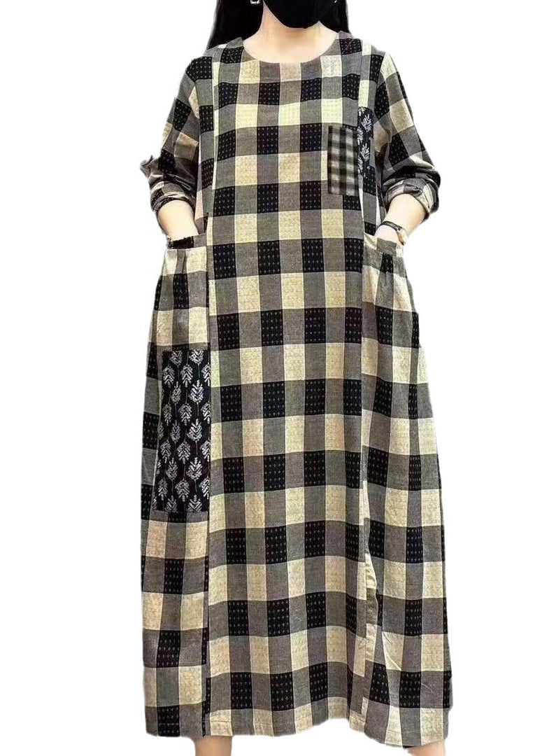 Light Plaid O-neck Pockets Print Patchwork Maxi Dress Long Sleeve