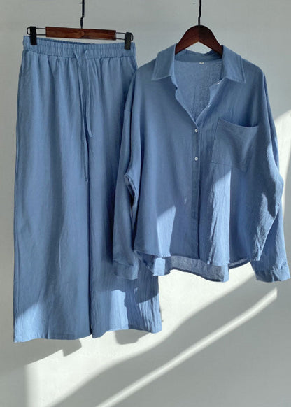Blue Peter Pan Collar Tops and Pants Cotton Two-piece Set Spring