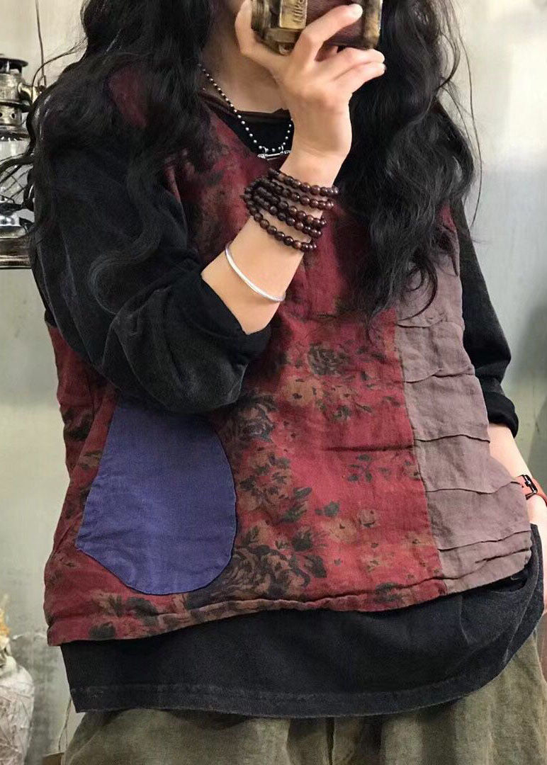 Chinese Style Red Pockets Side Open Patchwork Plaid Linen Vest Spring