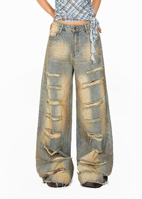 Blue High Waist Pockets Patchwork Wide Leg Jeans