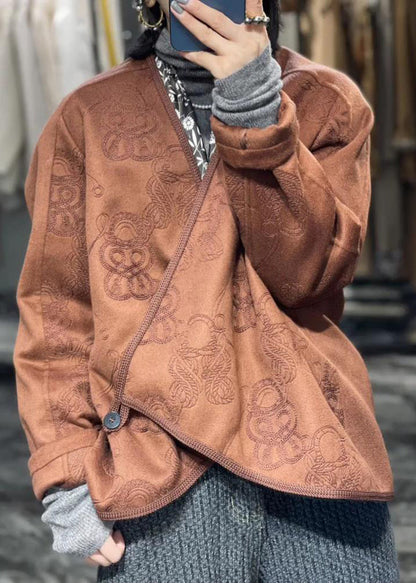 Jacquard Coffee Asymmetrical Button Patchwork Cotton Coat Fall