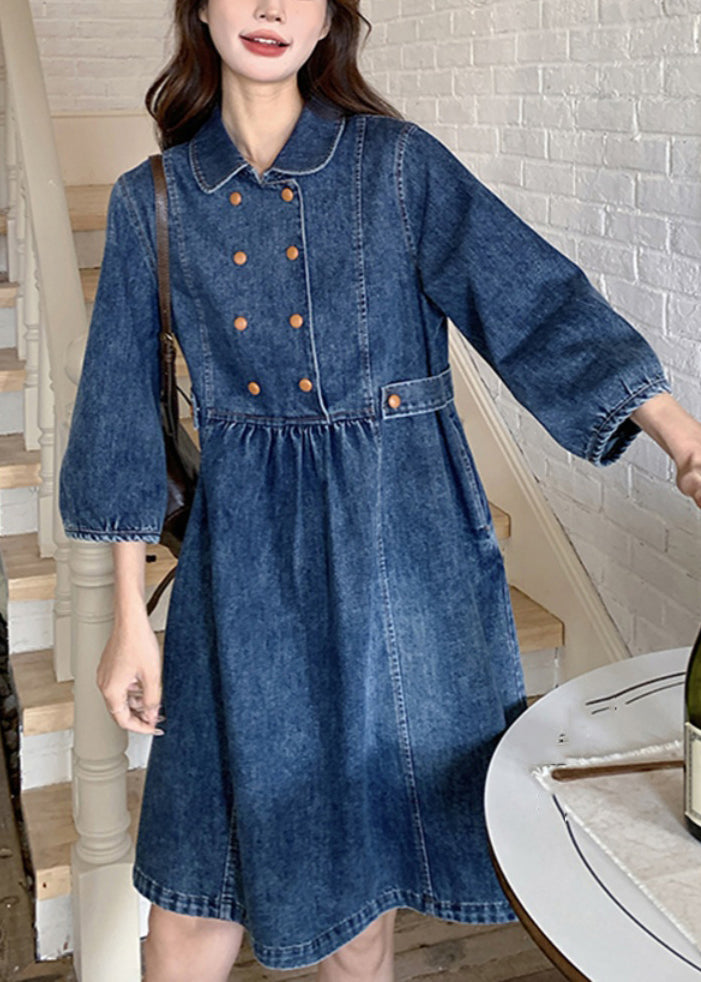 Navy Peter Pan Collar Wrinkled Patchwork Denim Long a Line Dress Spring