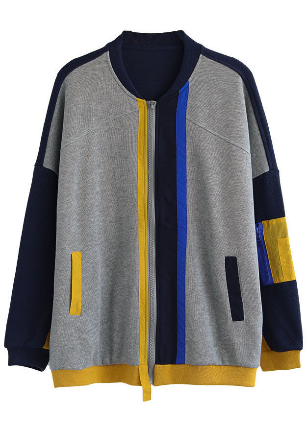 Loose Rose Zippered Patchwork Pockets Spring Long Sleeve Coat