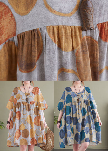 Orange Dot Print Cotton Vacation Dresses O-neck Wrinkled Short Sleeve