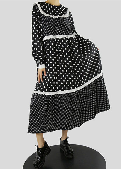Black Ruffles Zip Up Dot Patchwork Maxi Dresses Spring