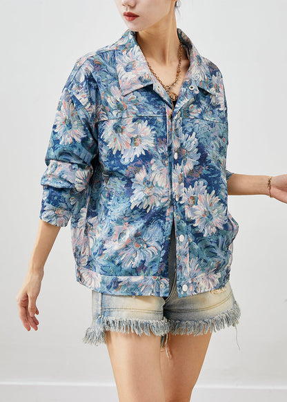 Stylish Blue Painting Cotton Coat Outwear Fall