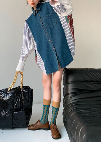 Colorblock Denim Patchwork Striped Print Cotton Shirt Dresses Spring