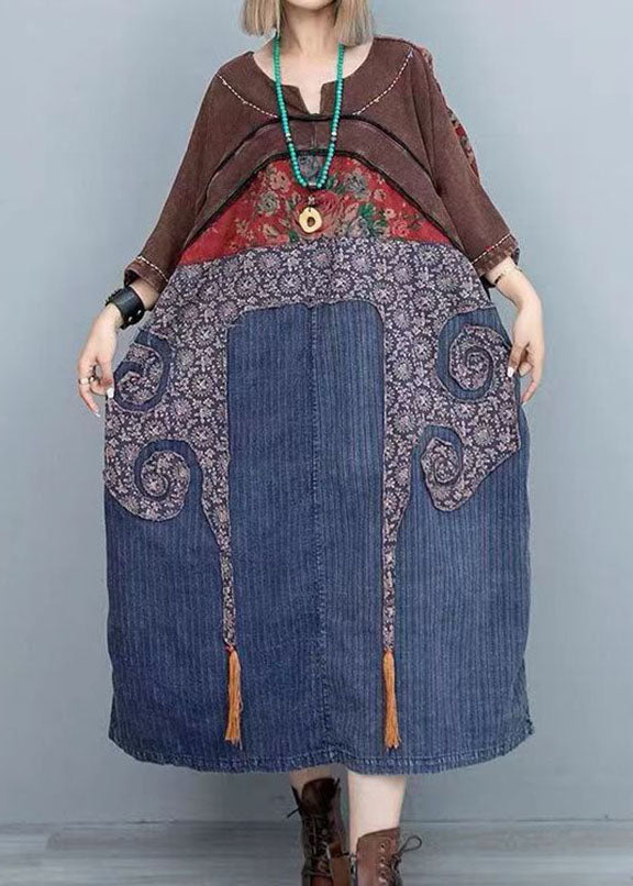Colorblock Print Patchwork Denim Maxi Dresses Long Sleeve