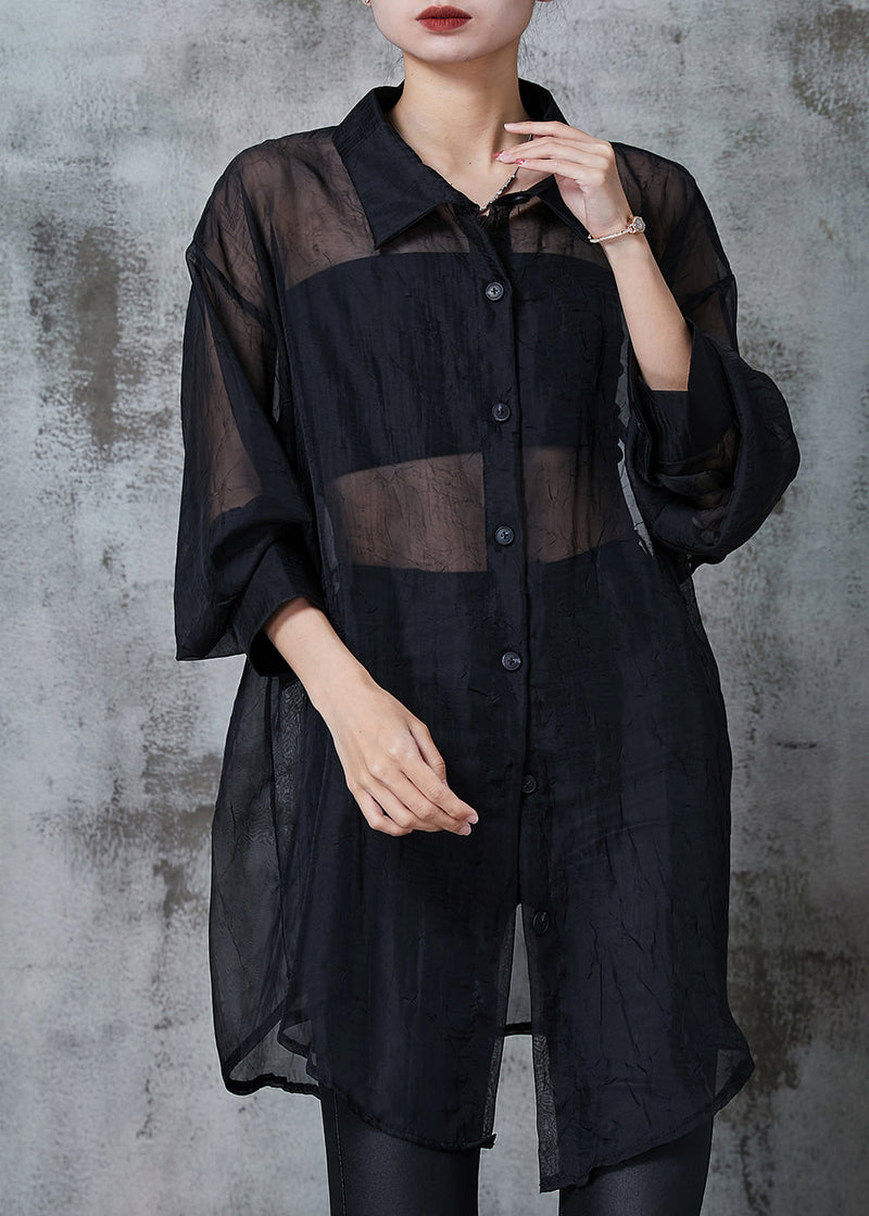 Black Oversized Back Hollow Out Tulle Long Shirts Summer