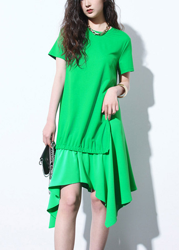 Simple Green O-neck Asymmetrical Design Patchwork Wrinkled Long Dress Short Sleeve