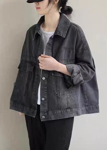 Black Button Pockets Denim Coat Long Sleeve