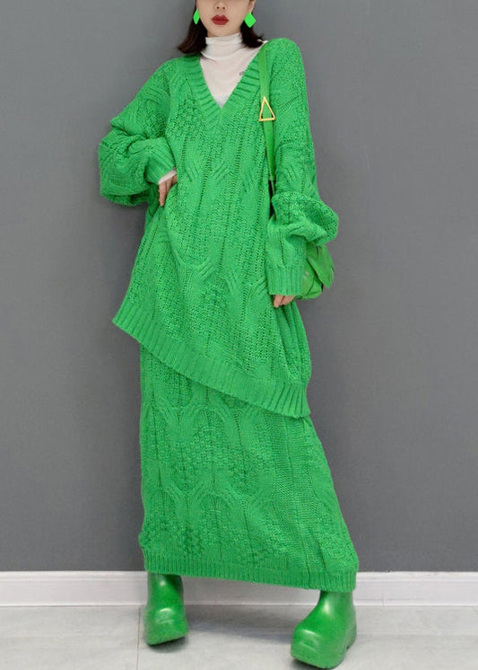 French Green V Neck Knit Sweaters and Skirts Two Piece Set Outfits Fall