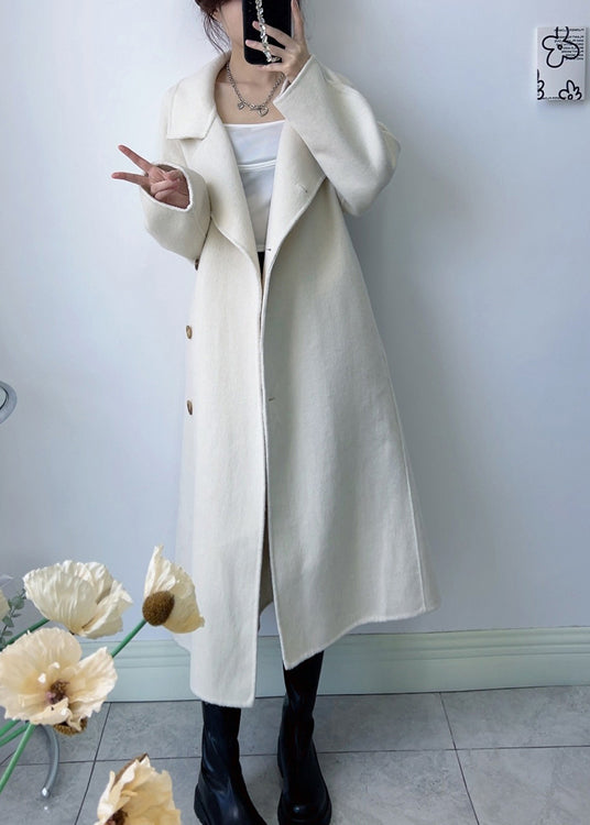 White Woolen Coats Stand Collar Tie Waist Winter